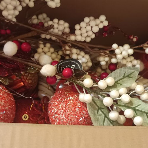 Christmas ornaments like new, box with balls and branches in gold red silver white tones