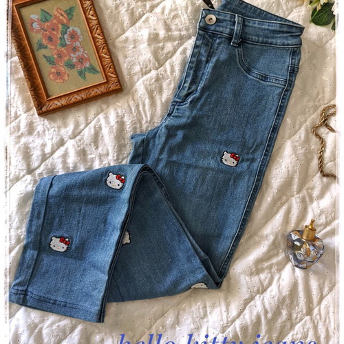 Hello Kitty denim jeans used, Y2K aesthetic, blue