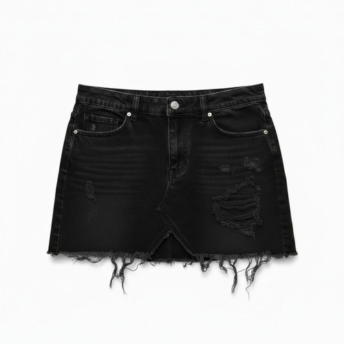 Zara Trafaluc black distressed denim mini skirt, size M