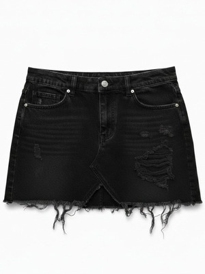 Zara Trafaluc black distressed denim mini skirt, size M