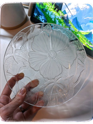 Vintage style transparent dessert plate used with embossed flowers