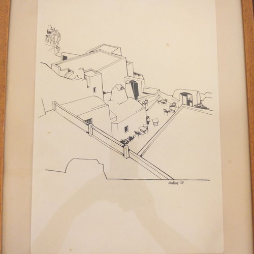 Triptych of black and white architectural prints used, Aegean settlement 1973