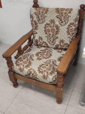 Armchairs used, solid heavy wood, set of 2, slightly worn fabric