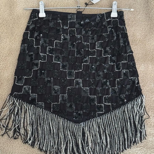 Nasty Gal mini skirt with braided tassels, new, size S, black and silver