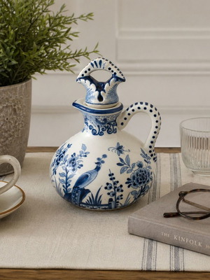 Antique Boch Frères Keramis cruet jug like new, blue and white faience with bird