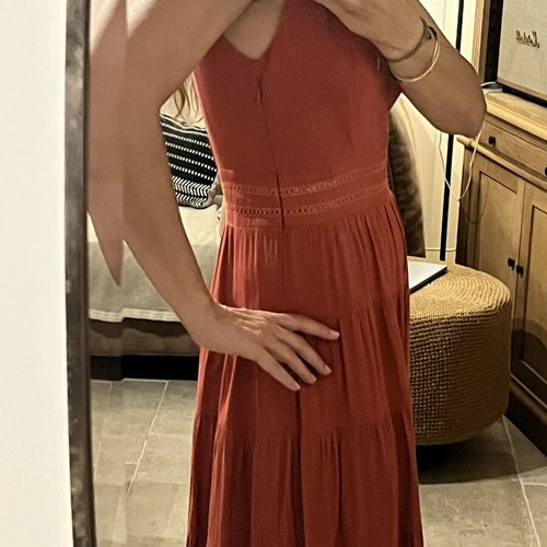 See U Soon terracotta long dress, V-neck with lace details