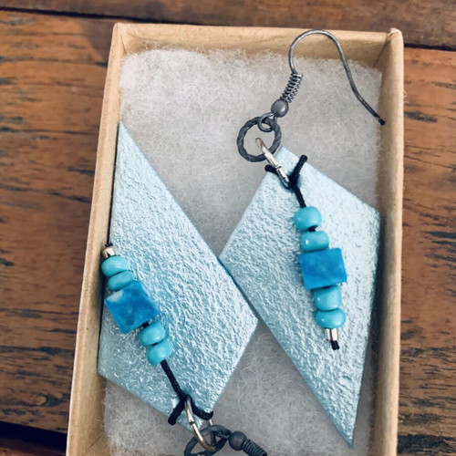 Handmade earrings with leather, new, black and turquoise