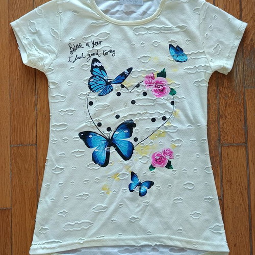 Vanity t-shirt for 10-year-old girl used, yellow with butterflies and ripped style
