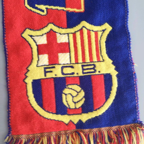 Barcelona scarf used, blue and garnet with fringes