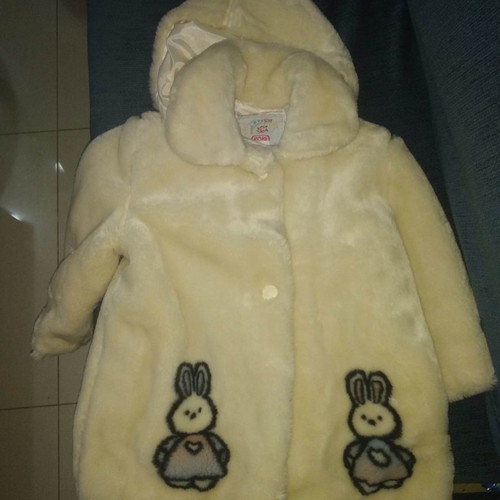 Children's fur coat used with detachable hood, cream with bunnies, age 3-4