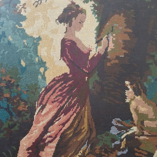 Vintage handmade embroidered framed artwork with historic lady