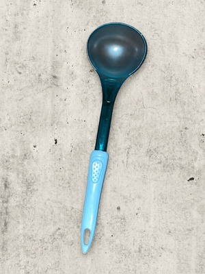 Blue serving ladle with ergonomic handle