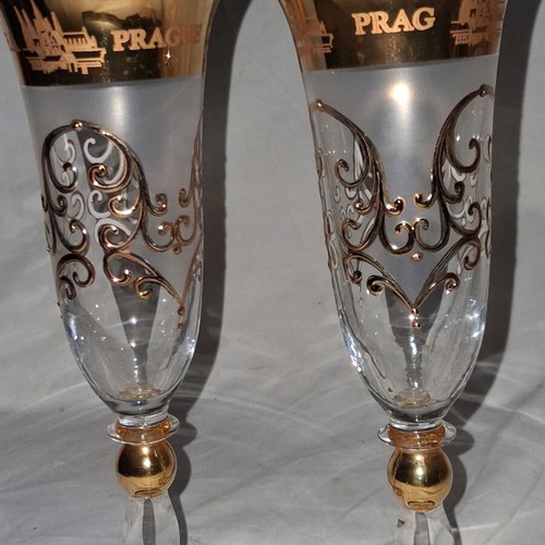 Vintage Bohemia Crystal Champagne Glasses Praha pair, like new