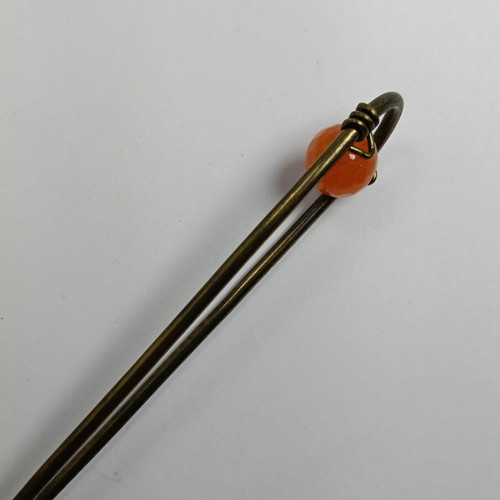 Hair Fork handmade, new, brass oxidized with agate stone
