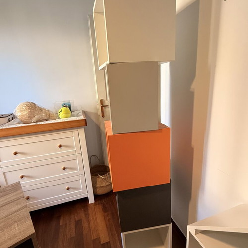 IKEA set of 5 wall-mounted cube shelves, white, anthracite, orange