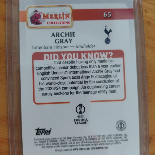 Topps Merlin Refractor Archie Gray Rookie Card like new