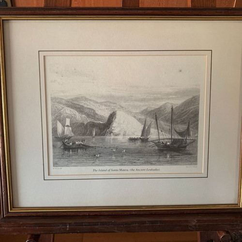 Engraving used The Island of Santa Maura in wooden frame with glass