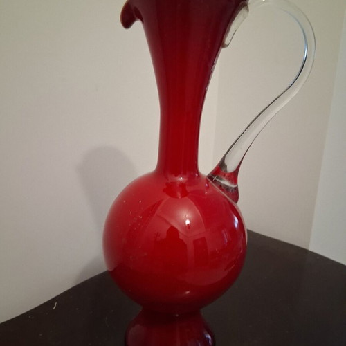 Glass vase deep red with transparent handle, like new