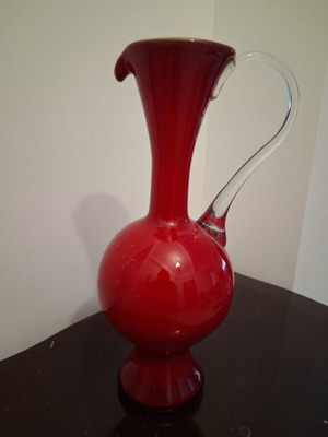 Glass vase deep red with transparent handle, like new