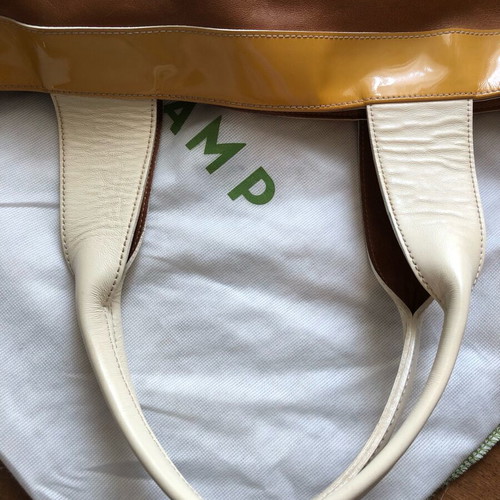 Longchamp shoulder bag used, camel leather with white patent details