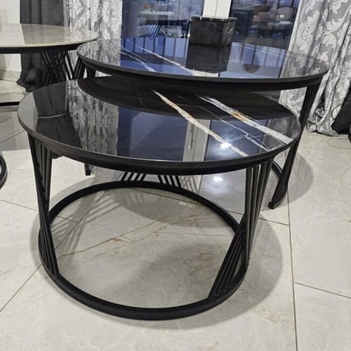Coffee Table Set of 2 Nesting Tables Black with Ceramic Marble Top