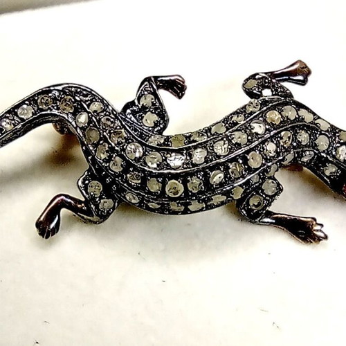 Vintage lizard brooch silver 925 and 14K gold with diamonds and rubies like new