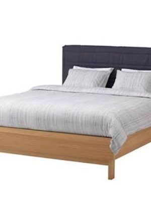 IKEA OPPLAND bed frame with dark grey fabric headboard, oak veneer