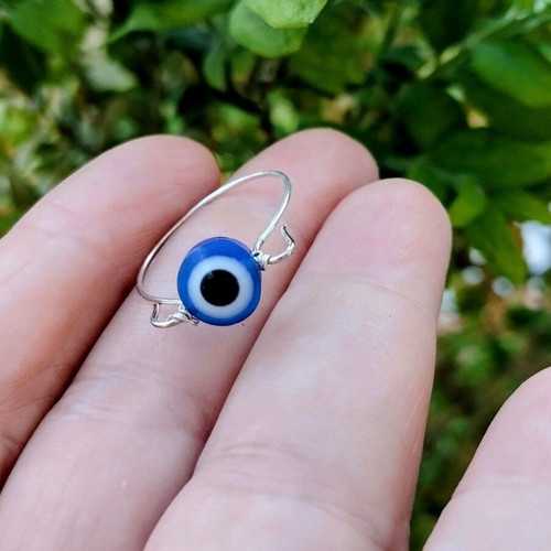 Handmade steel ring with blue evil eye