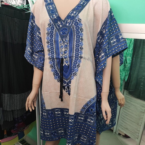 Rima Beachwear short kaftan, white and blue
