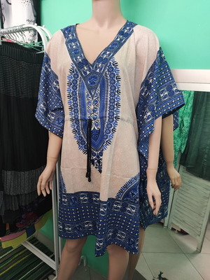 Rima Beachwear short kaftan, white and blue