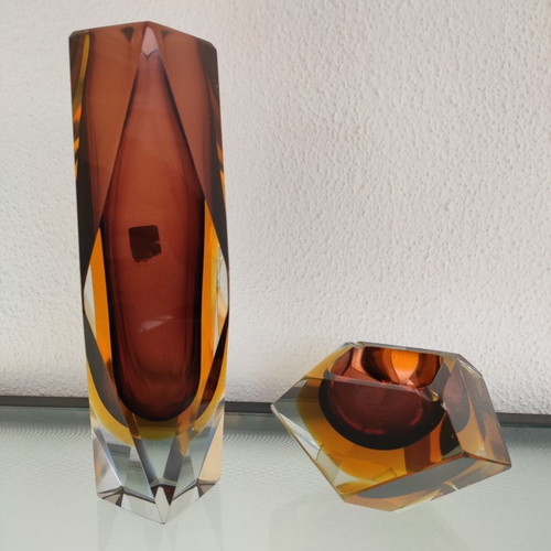 Handmade Murano glass vase and ashtray set used