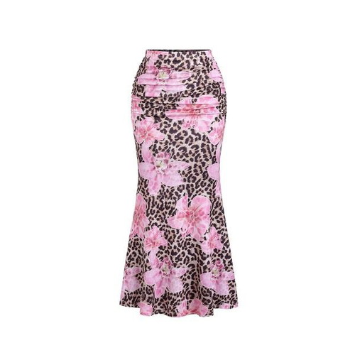 Women's maxi skirt with leopard and floral print, boho style, size S