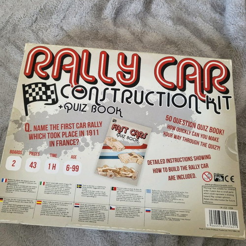 Rally car wooden construction kit 43 pieces new with quiz book