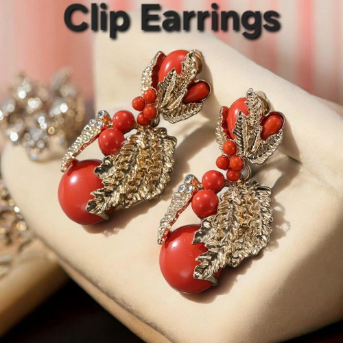 Clip earrings new, red and gold, hypoallergenic