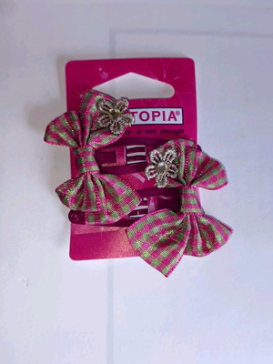 Set of 2 hair clips with pink-green checkered bow new