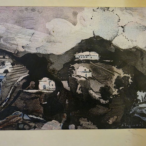 Painting Dimitris Tiniakos like new, Chinese black ink and color, Cyclades landscape
