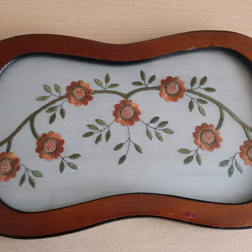 Wooden embroidered antique tray with metal handles like new