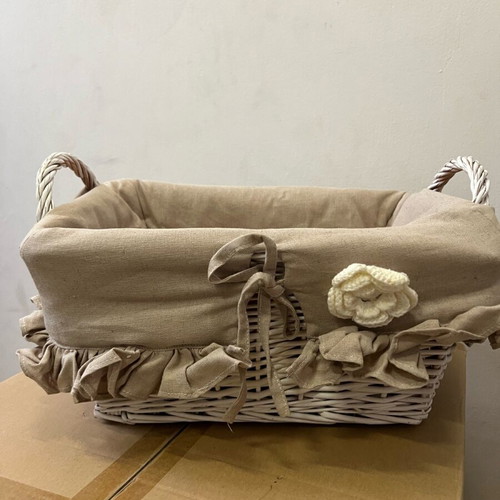 Wicker basket new with linen fabric lining and handmade knitted flower