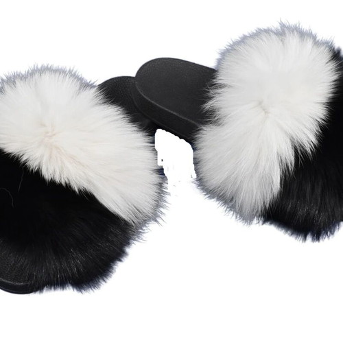 Authentic fox fur slippers new, black and white, size 38