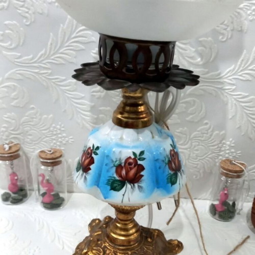 Vintage table lamp with glass chimney and carved brass base used
