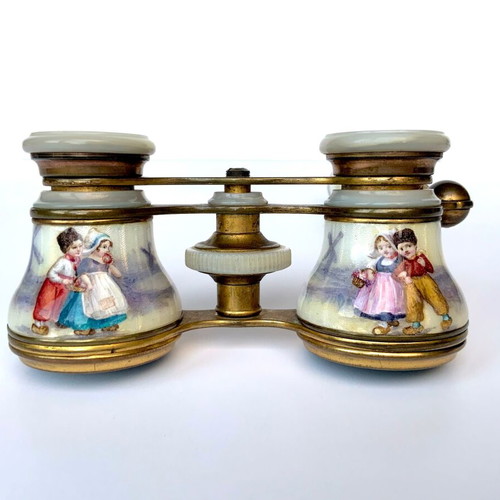 Porcelain brass mother of pearl opera glasses used antique French c.1850-1900
