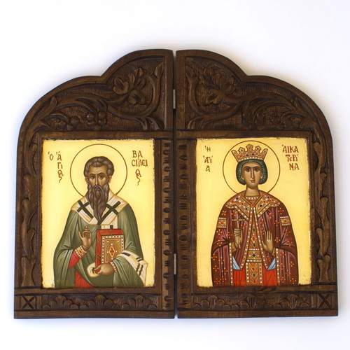 Saint Basil and Saint Catherine Diptych Icon with Gold Leaf and Wooden Frame new