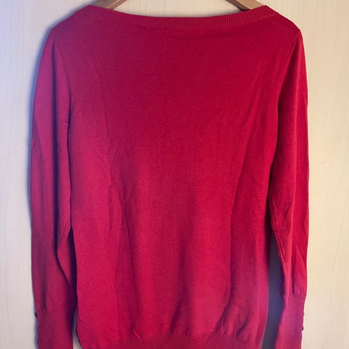 Red pullover with silver cuff buttons, wool and cotton, size M