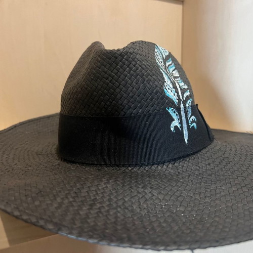 Men's black straw hat with handmade painted design like new