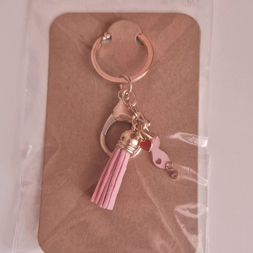 Handmade keychain pink cat with heart and tassel new