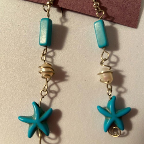 Earrings with turquoise stars and real pearl handmade