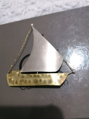 Handmade ship brooch pin used, gold and silver colors