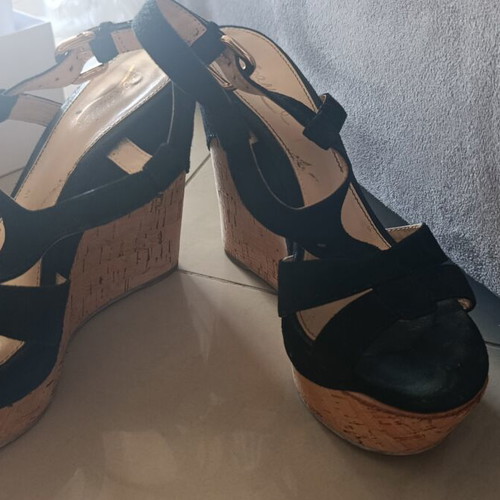 Ioannis women's black suede platform sandals with cork wedge