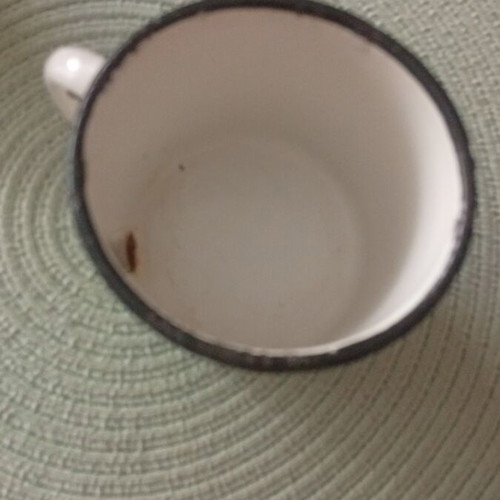 Vintage enamel mug used, Soviet Union 1960-70, breakfast cup