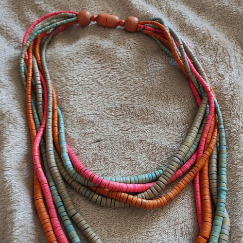 Wooden necklace and earrings used, multicolor orange